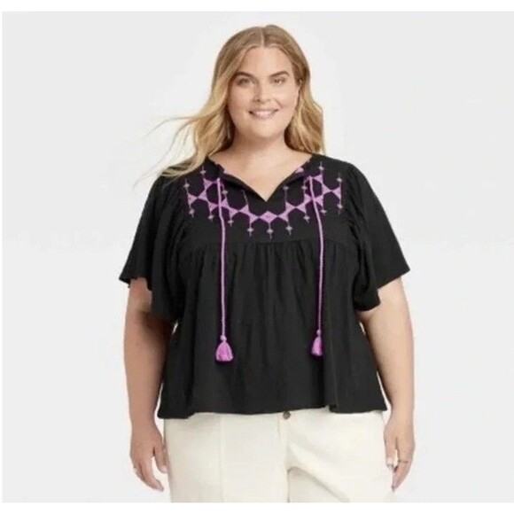 Knox Rose Shirt Womens XXL Black Magenta Flutter Short Sleeve Embroidered Top - Picture 1 of 11